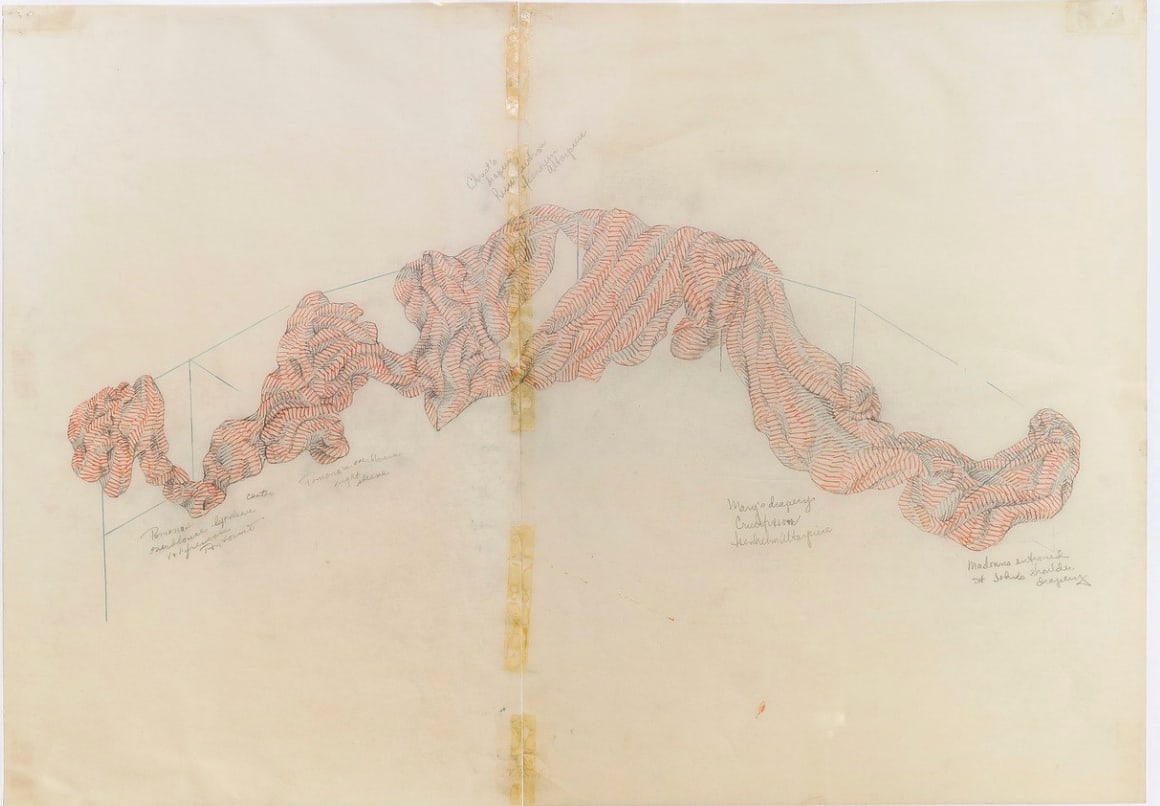 Abstract red marker drawing on vellum paper