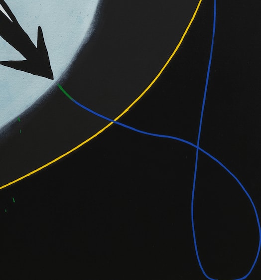 Detail image of an abstract painting in blue with a large black rim-like shape and arrow in the lower half, greenery and real coins on the left, and orange details including a C on the right