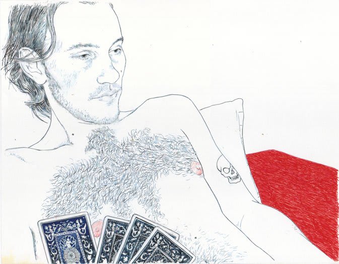 Rendering of a topless man with playing cards