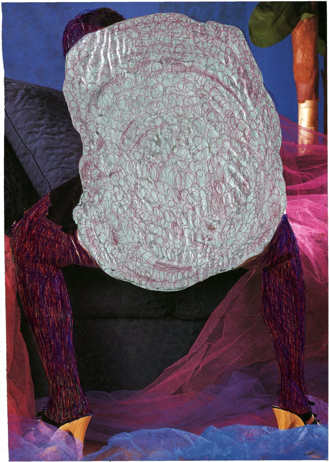 Pornographic magazine page overlaid with painted blue ground and figure inked in silver