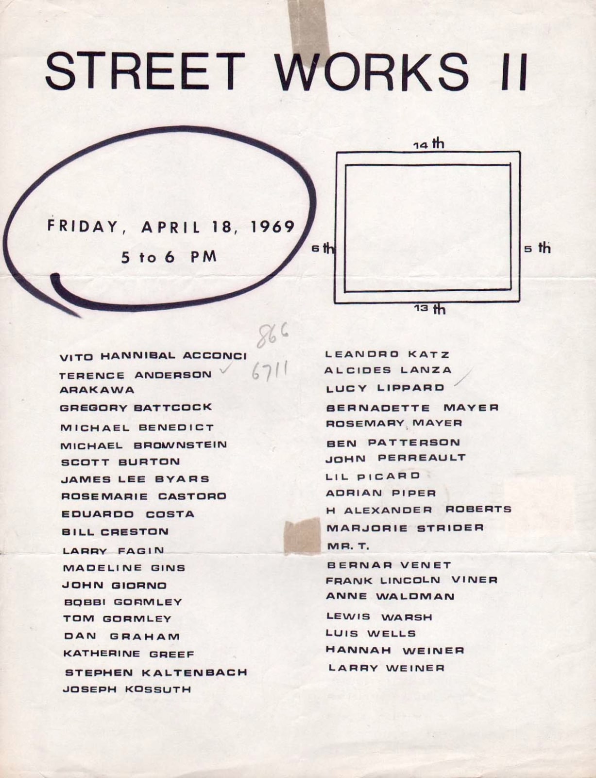 Flyer / announcement published to promote events held between 13th and 14th Streets and 6th and 5th Avenues, New York City, on April 18, 1969