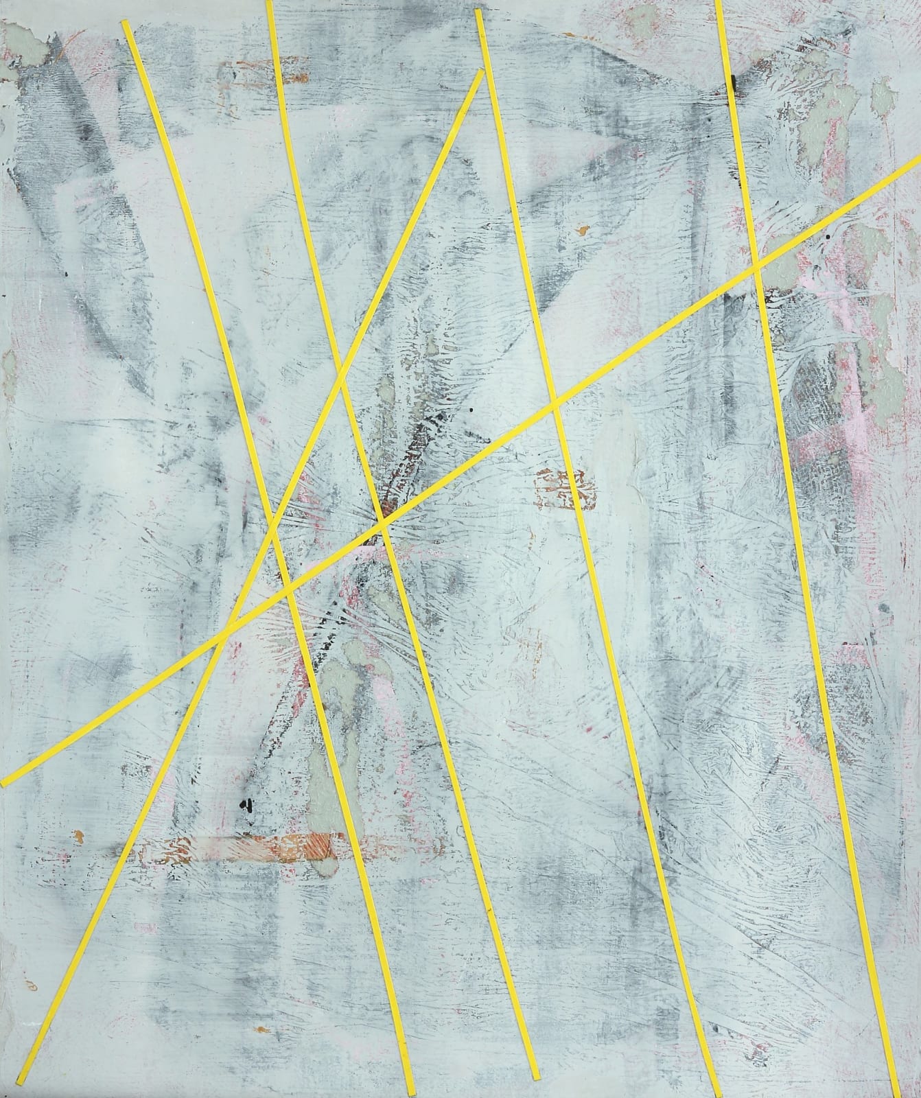 Painting with white and grey ground with vertical and diagonal yellow stripes and light pink smudges