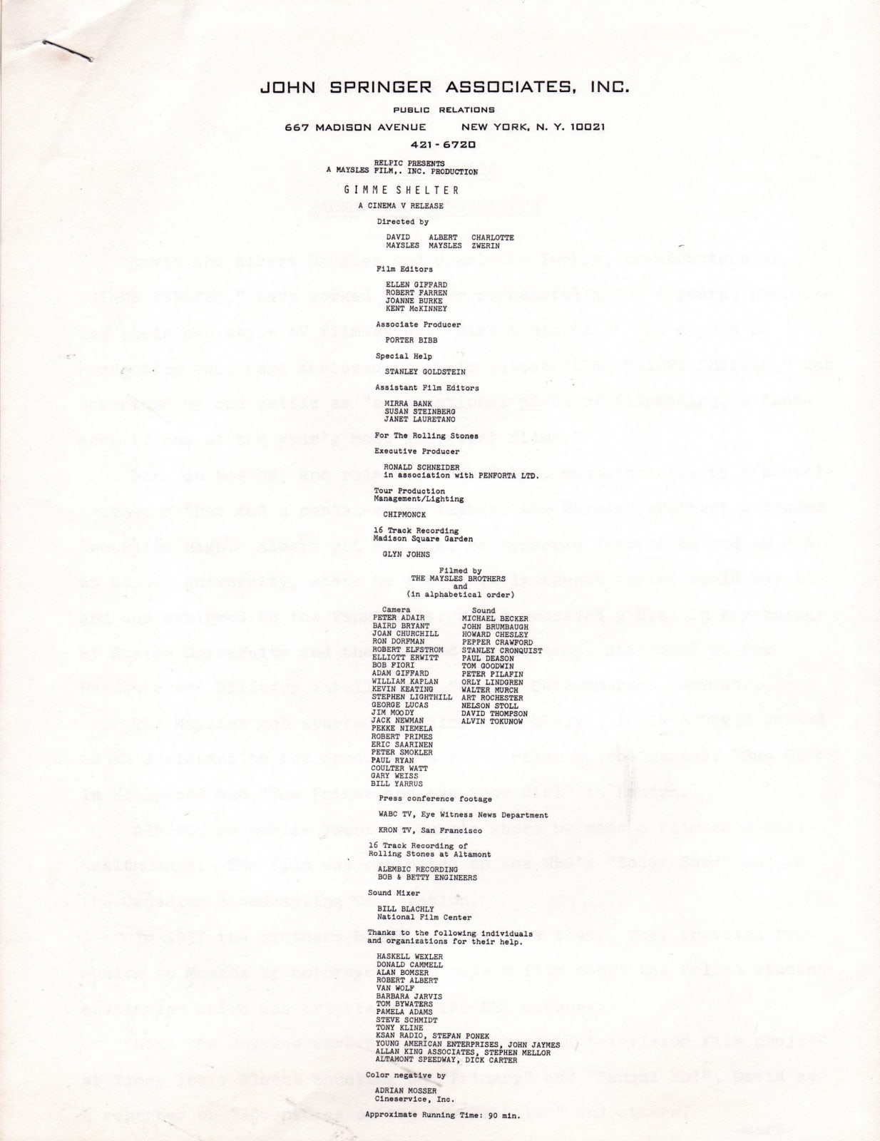 Press release issued by the public relations company John Springer Associates, Inc on December 3, 1970 about the Rolling Stones documentary 'Gimme Shelter'