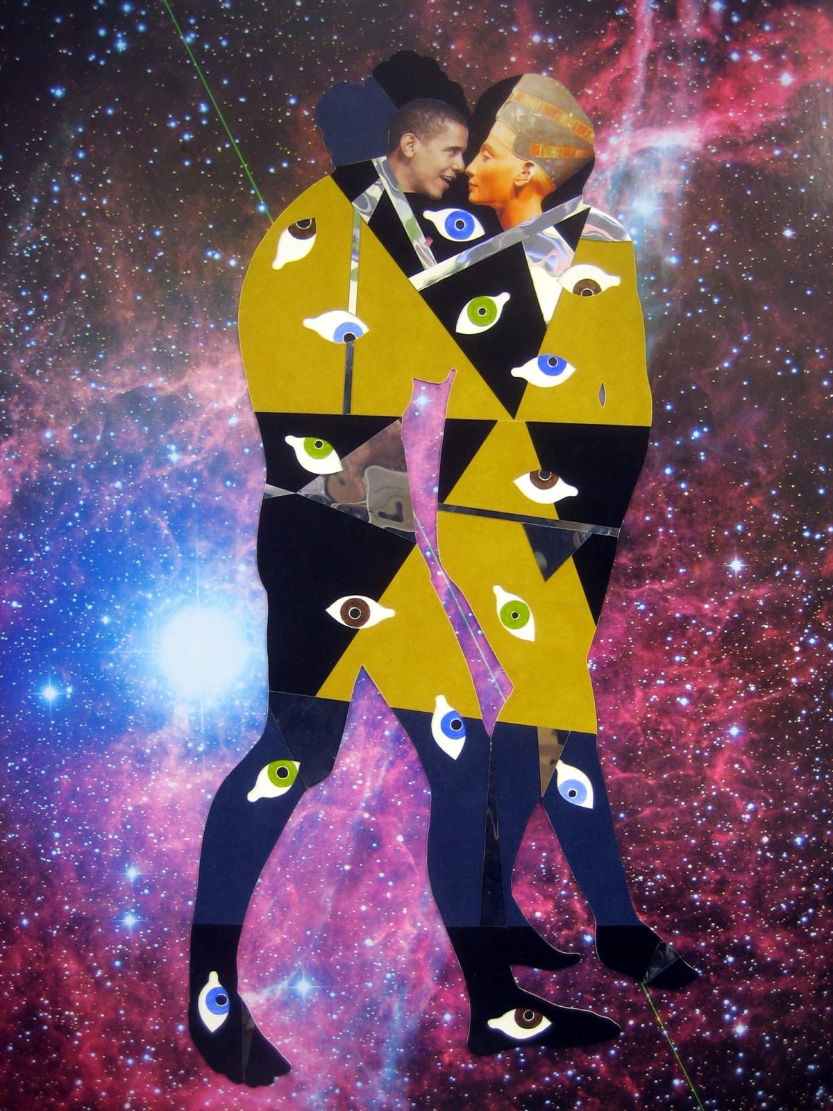 Barack Obama and Nefertiti collaged with eyes and yellow triangles in front of a nebula