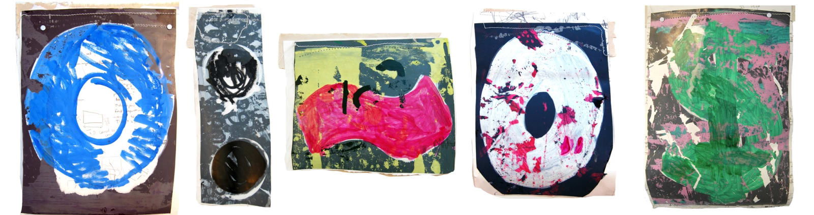 Abstract painting comprised of five sections with multicolored details on a brown background