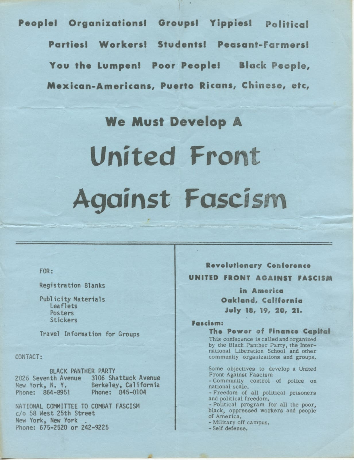 Flyer promoting Revolutionary Conference United Front Against Fascism in American held in Oakland, California in 1969