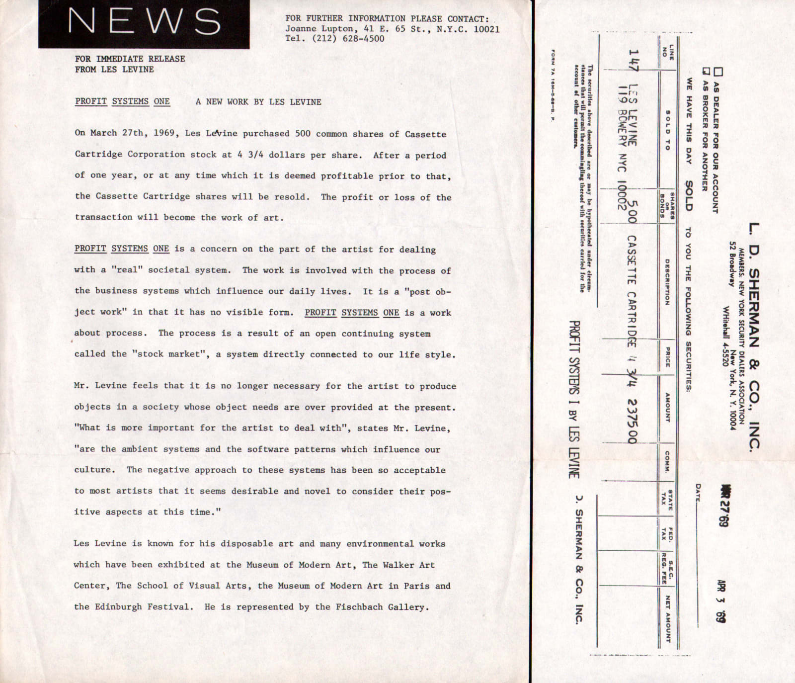 Image of a press release dated March 27, 1969 for 