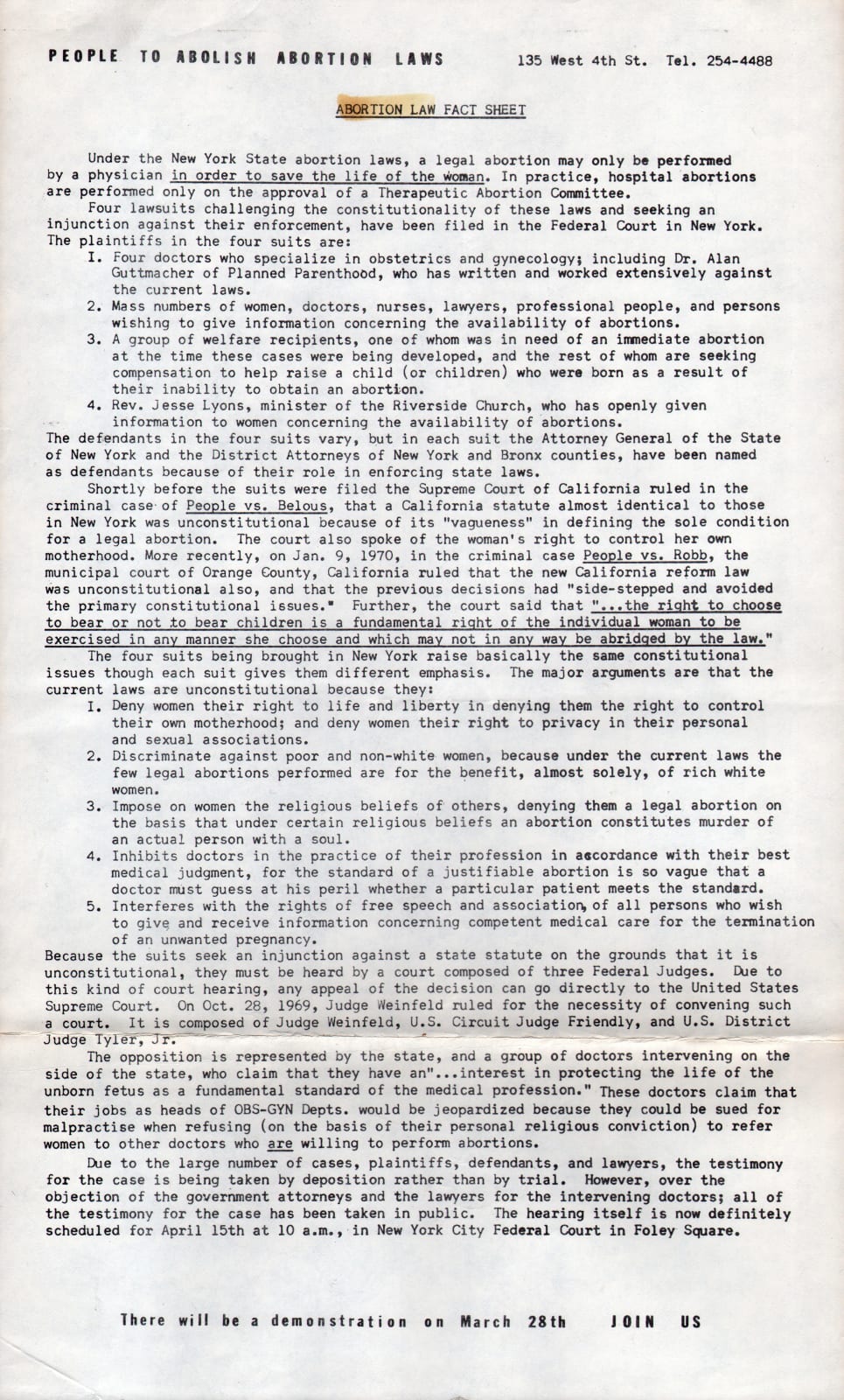Single sided flyer and abortion law fact sheet published in conjunction with a demonstration held in New York City, March 28, 1970