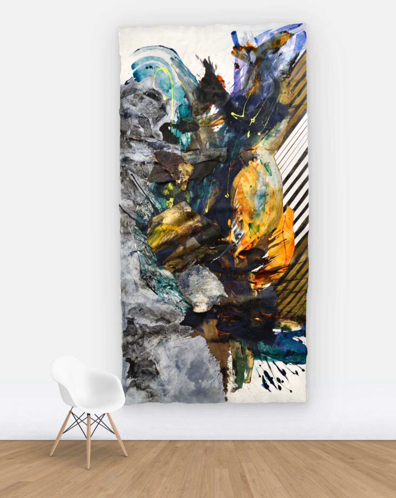 View on wall of abstract painting with grey on the edges and swaths and stripes of paint in the middle