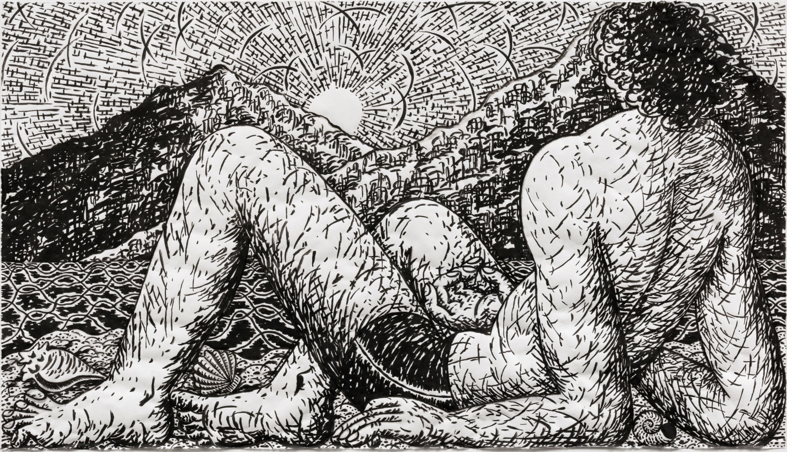 Black and white drawing of reclining topless male figure looking at mountains and a setting sun in the background