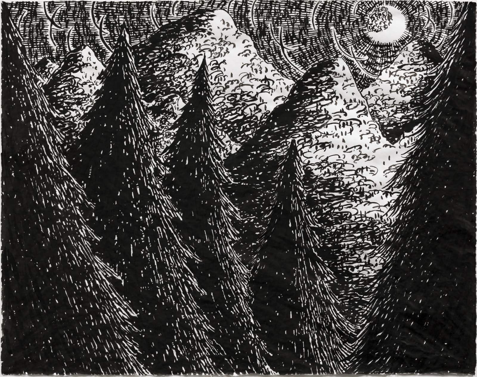 Black and white ink on paper drawing of spruce trees with mountains and a crescent moon in the background