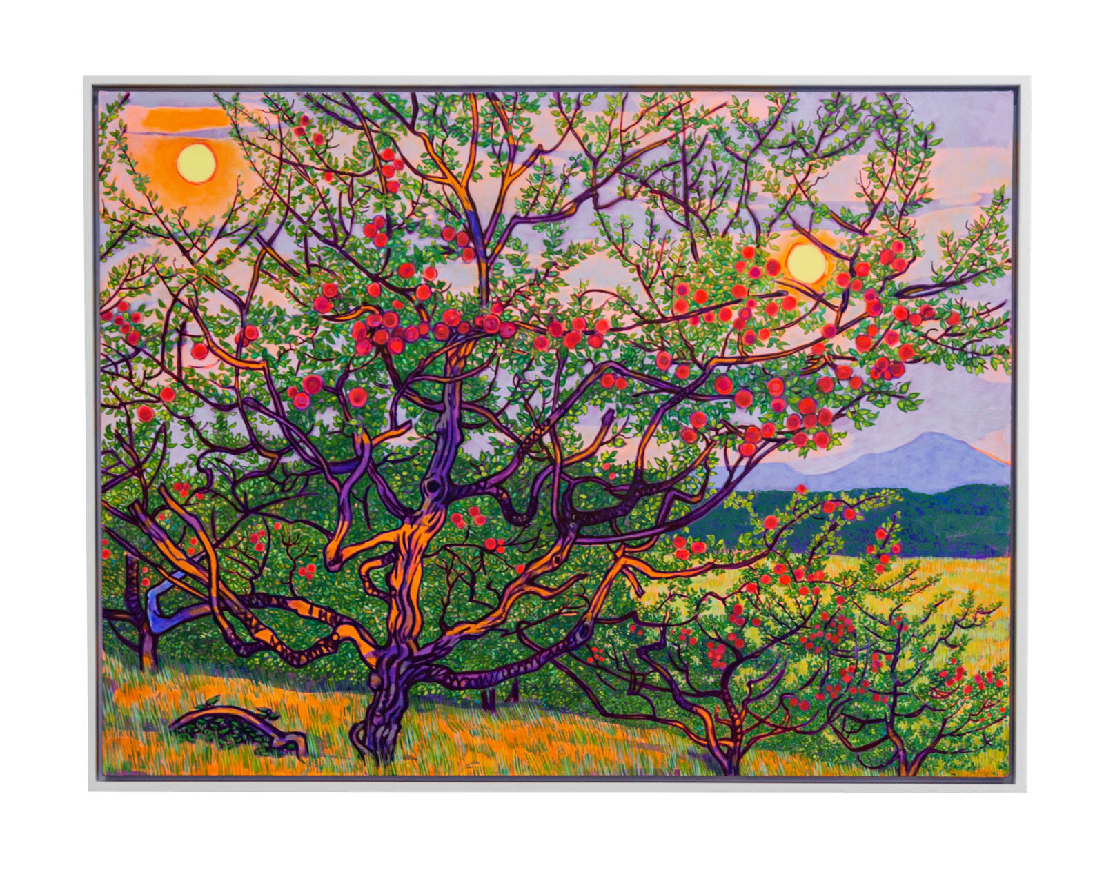 A bright rendering of a tree filled with apples under a sky with two suns