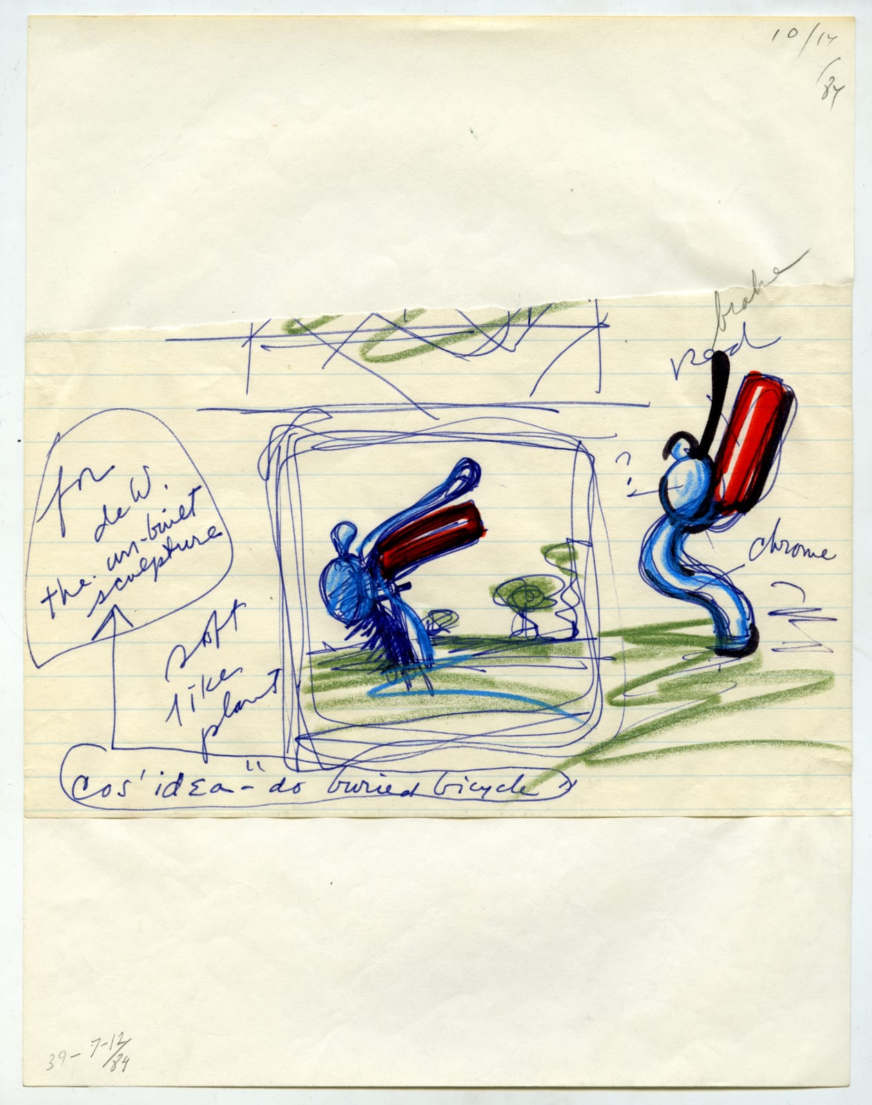 A sketch of a buried bicycle sculpture in colored marker on a piece of bone colored paper