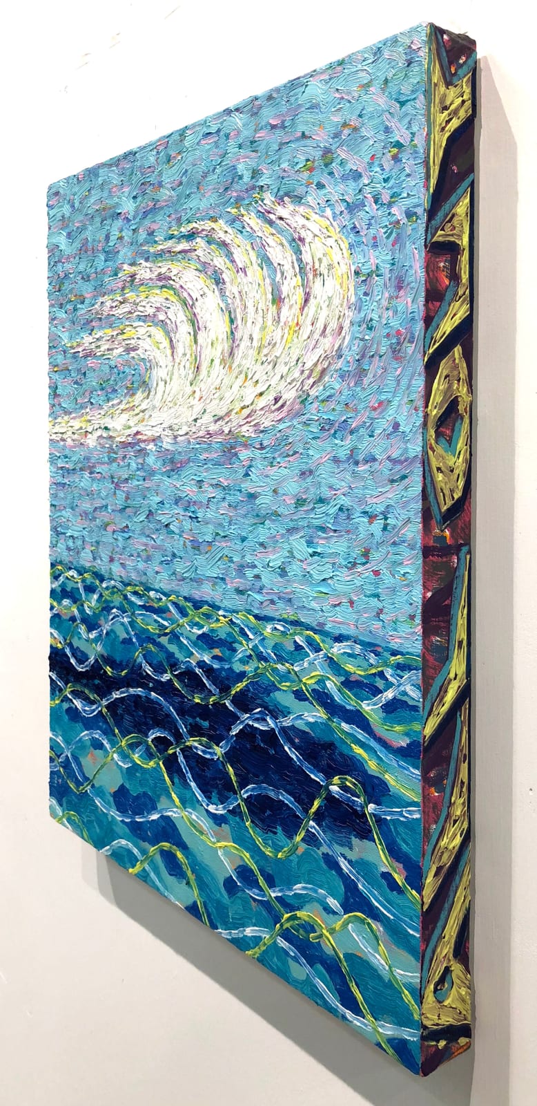 Painting of choppy blue water with white cirrus cloud overhead