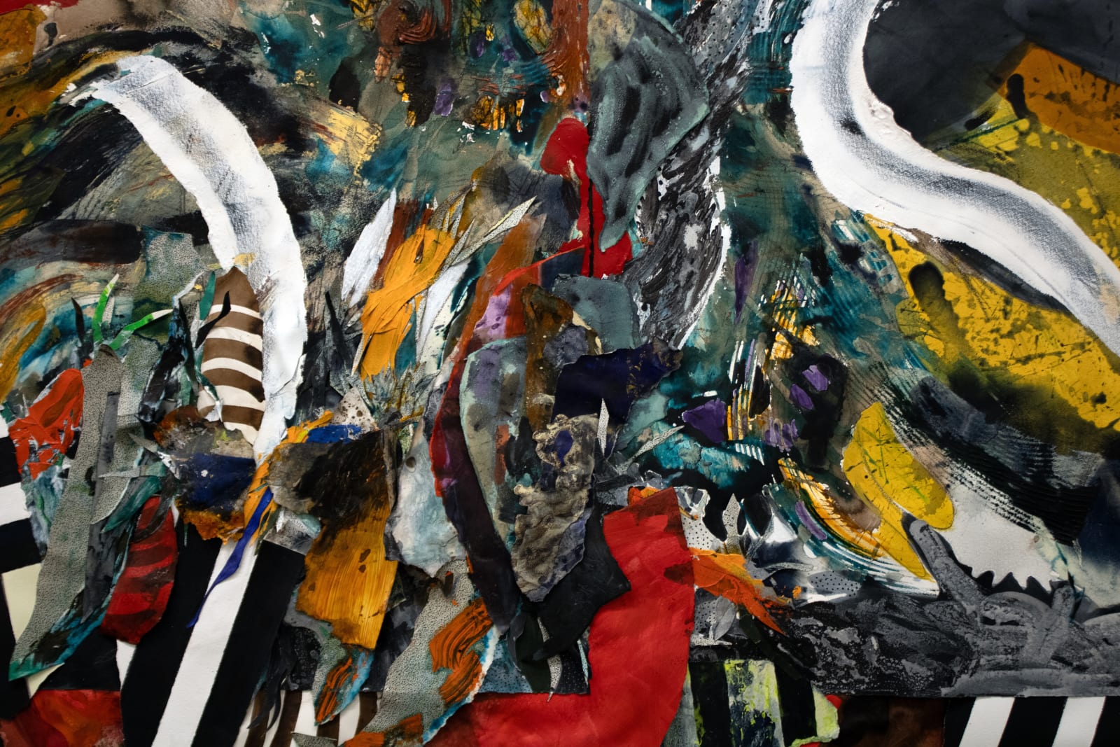 Detail of irregular square with abstract painting featuring layers of red, green, and while 3D elements