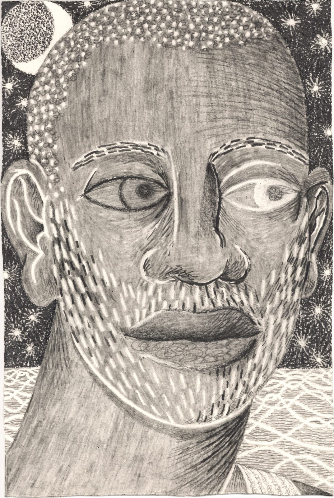 A smiling mans head in front of a body of water under the moon