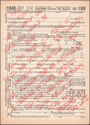 Altered 1969 Individual Income Tax Return form over printed in red ink: 