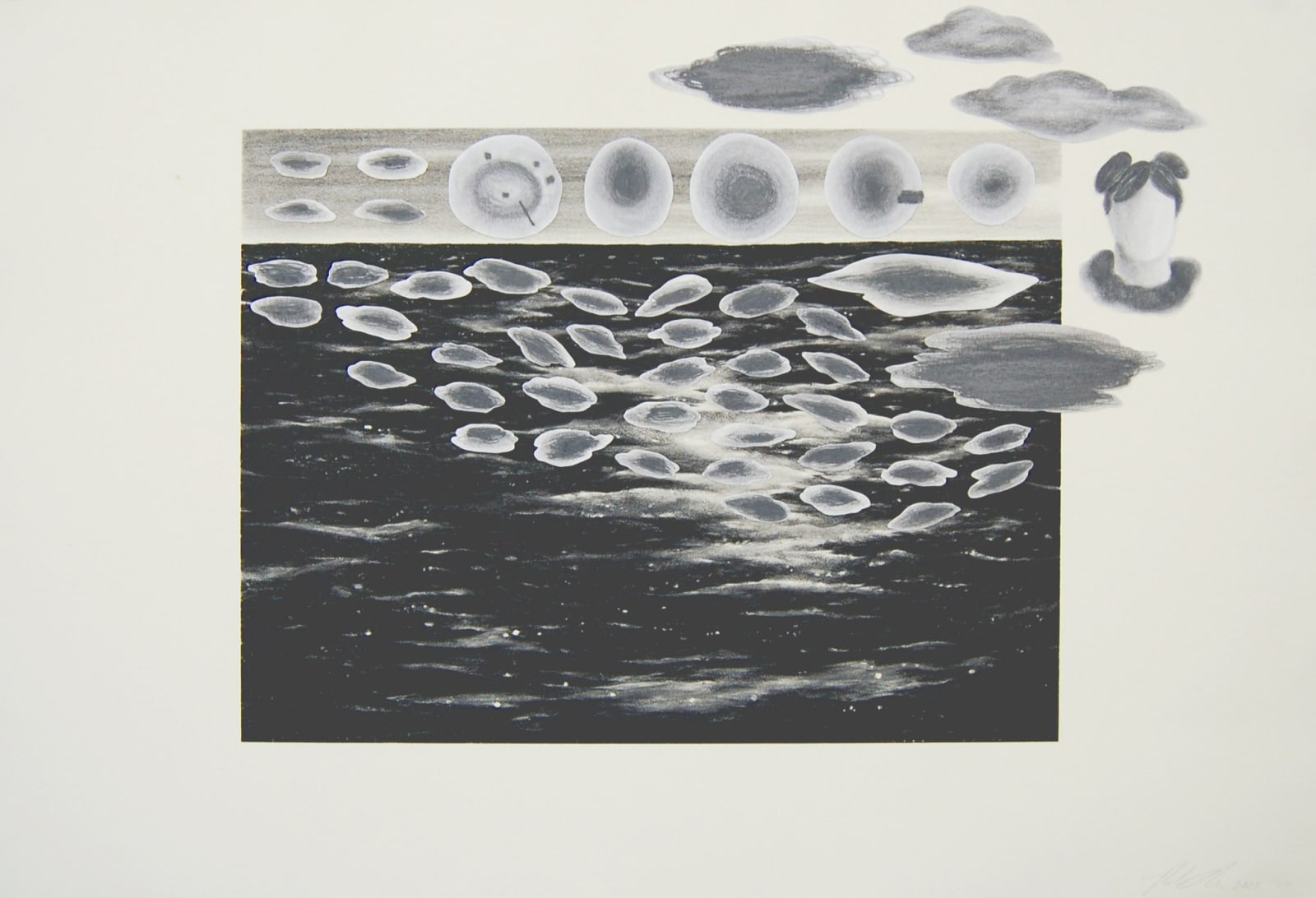 Monoprint, sea with horizon line and collaged elements including a head and clouds