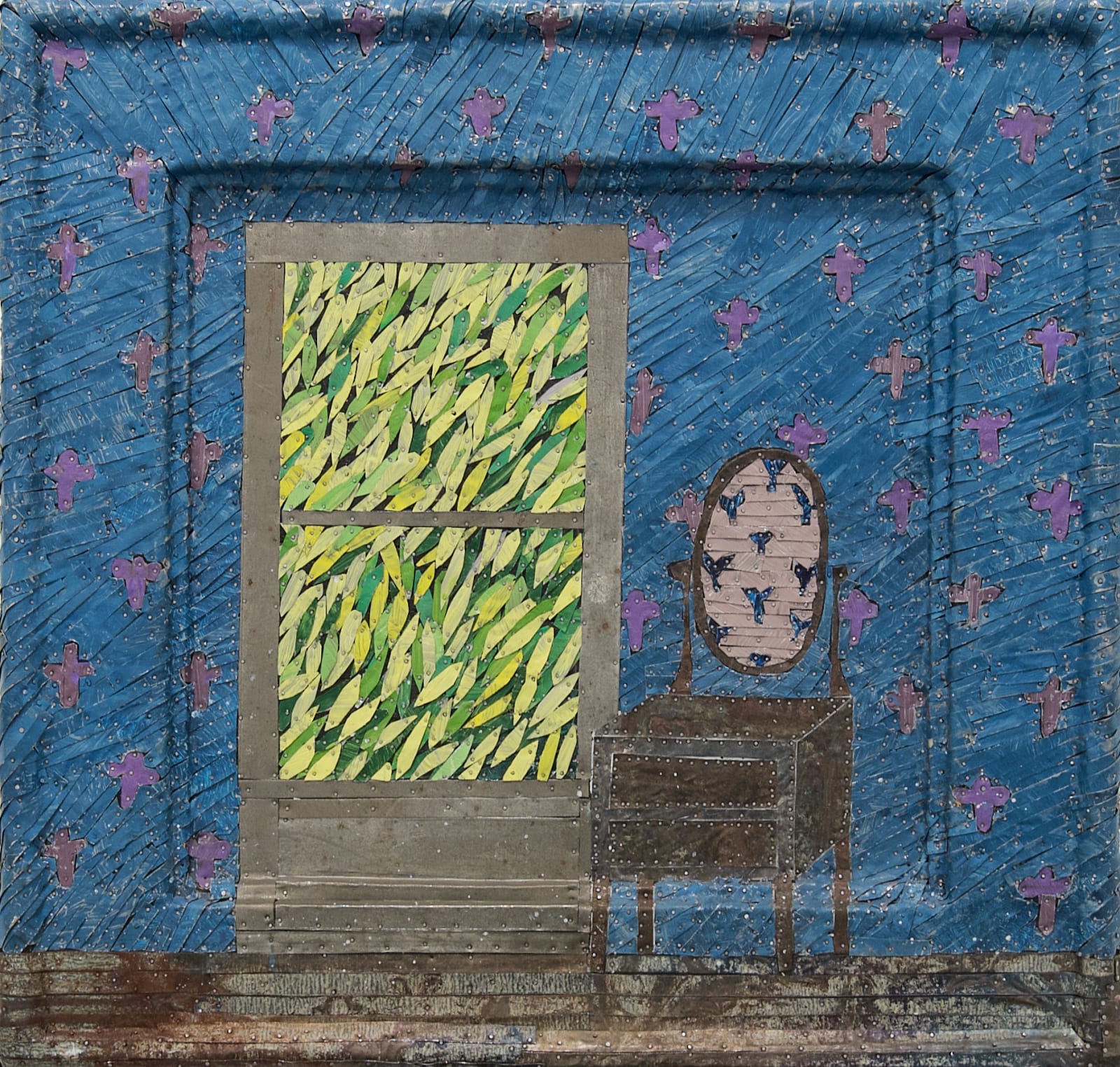 A still life surrounded by a heavy frame made from strips of colored tin