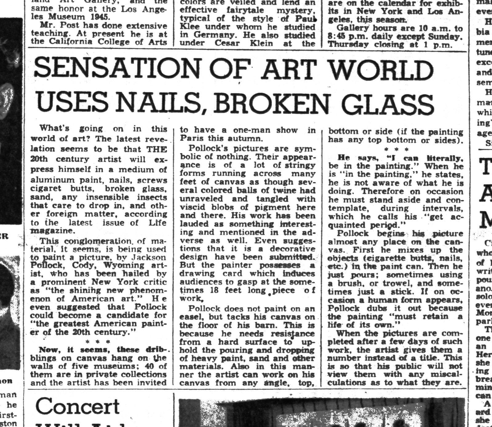 MIAMI NEWS, "Sensation of Art World Uses Nails, Broken Glass" in Miami News, August 14, 1949, 1949