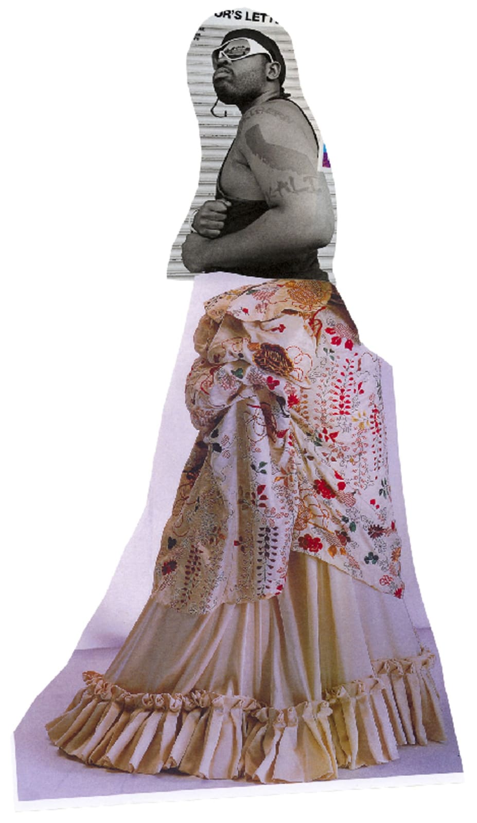A collage figure made from fashion magazines, hip-hop celebrity magazines and anthropological publications