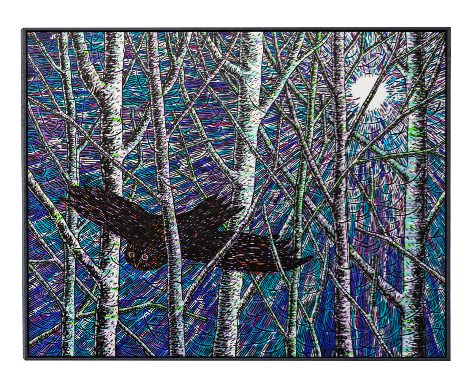 The silhouette of a dark owl gliding in-between tree trunks in a dense forest