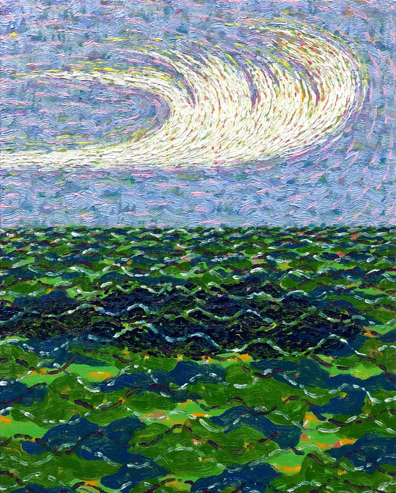 Painting of choppy green water with white cirrus cloud overhead