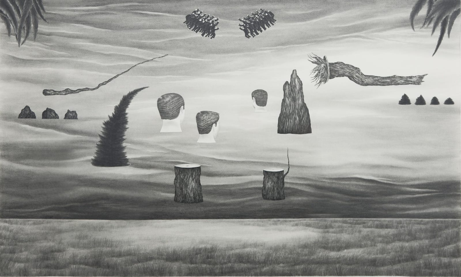 Many objects and disembodied heads float over a landscape