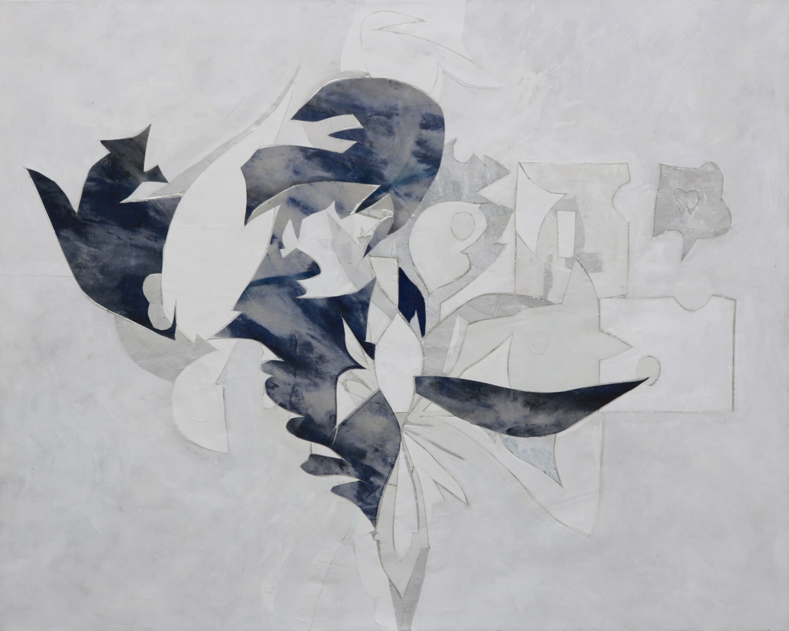 Abstract white, blue and silver collage using remnants of earlier paintings and studio detritus