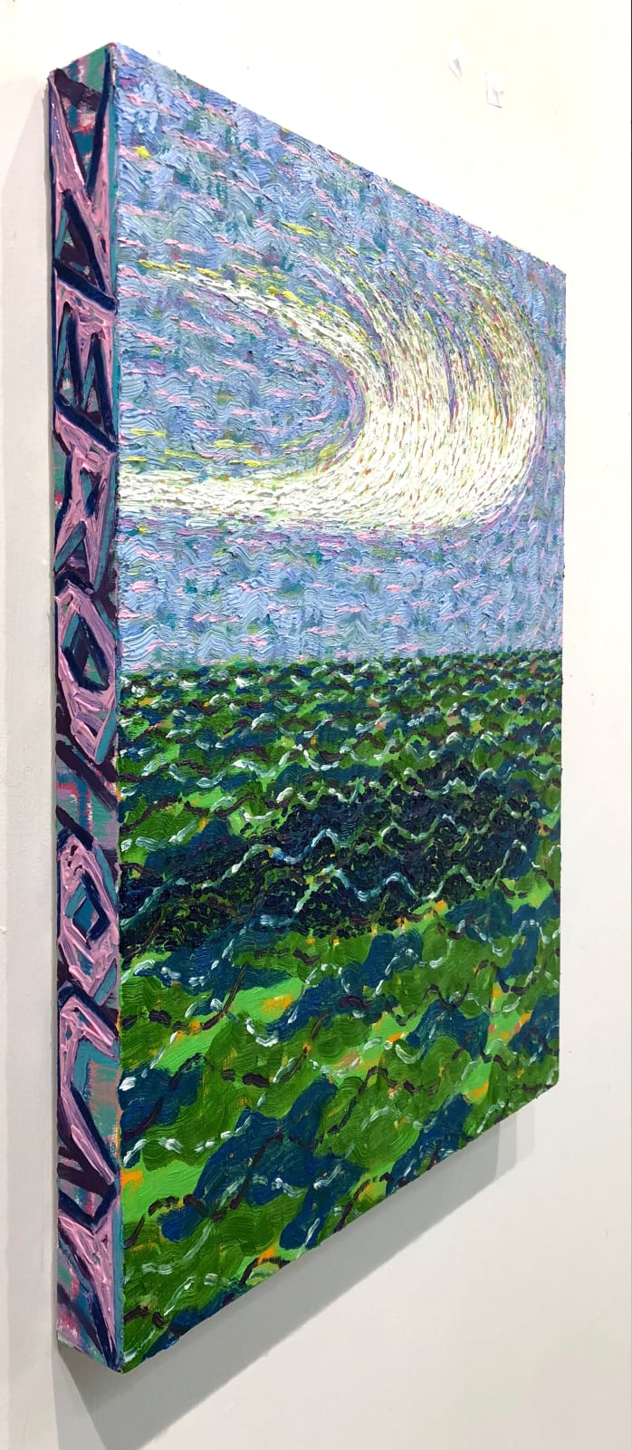 Painting of choppy green water with white cirrus cloud overhead