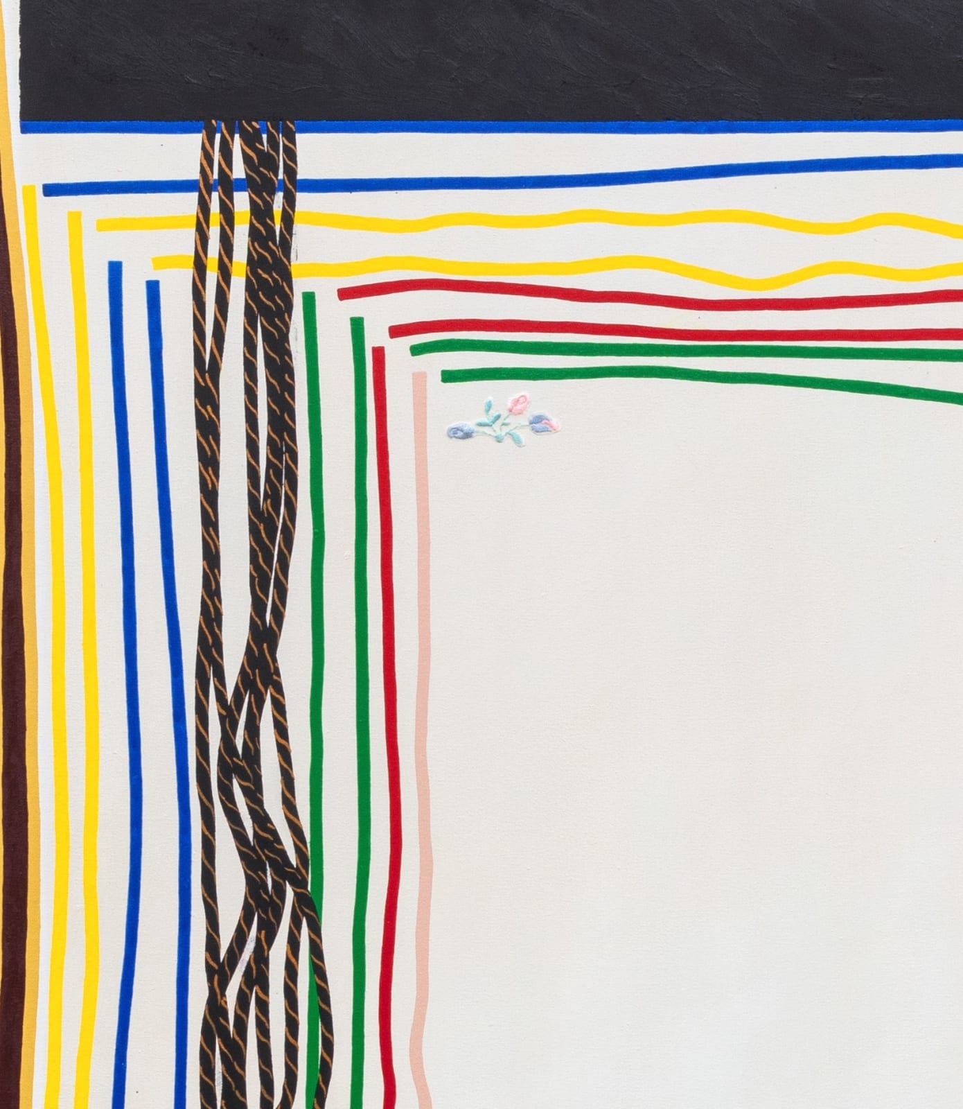 Detail image of a trapezoidal canvas with black edges and telescoping, multicolored squares with dangling wavy lines