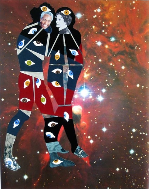 Two figures covered in eyes on a celestial background
