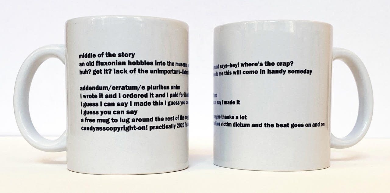 Two white coffee mugs with black text