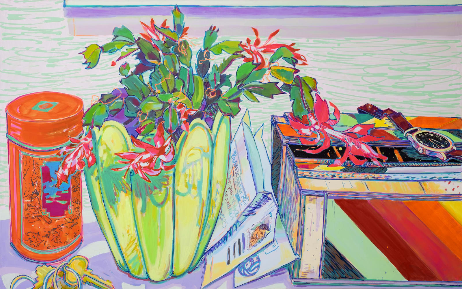 Still life of flowers in a pot and mail