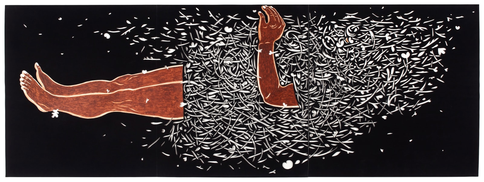 Cut black paper showing prone figure, legs and arms painted brown, body cut as filigree from paper