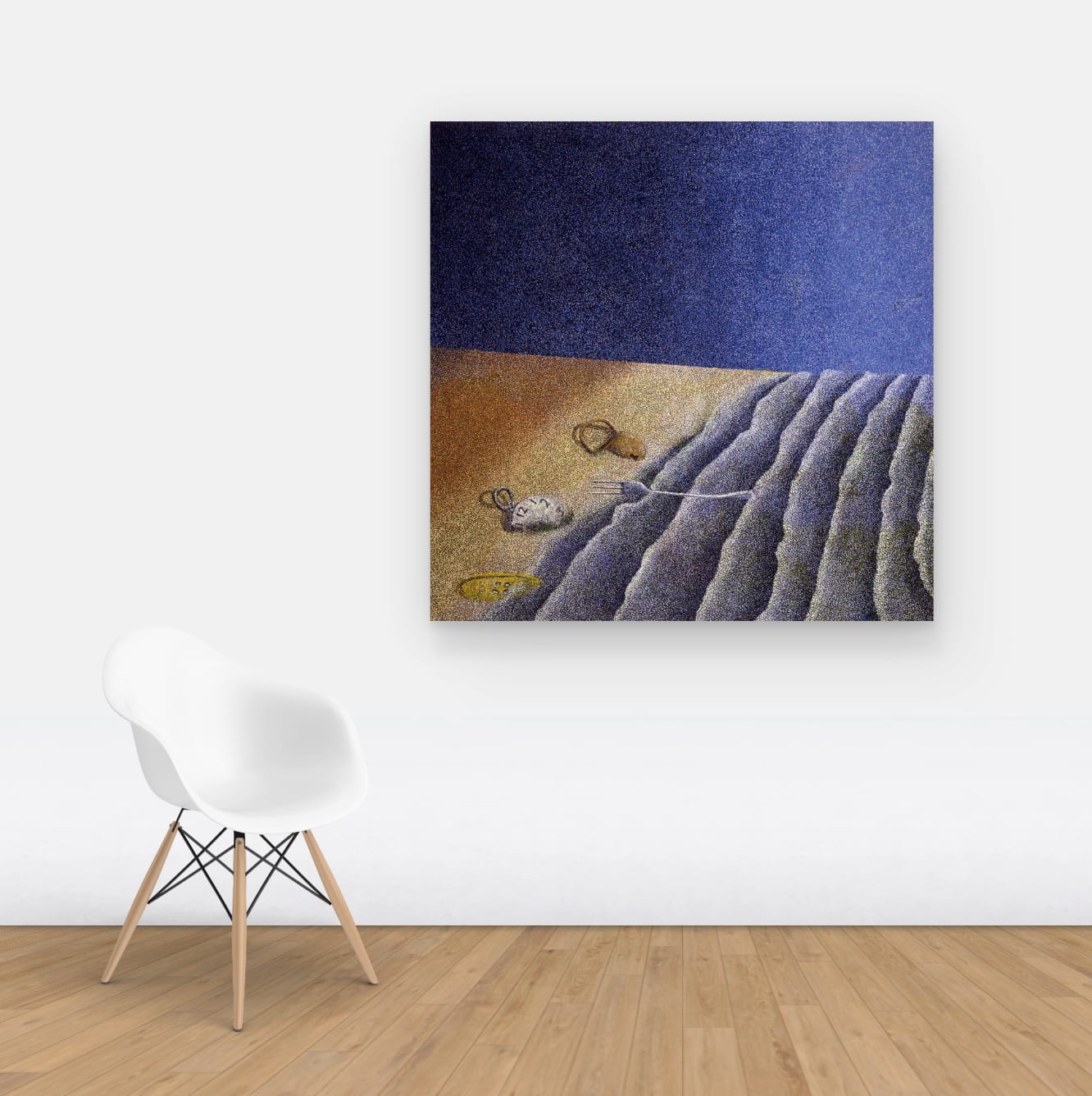 View on wall of a pointillist rendering of objects washed up on shore by gentle waves