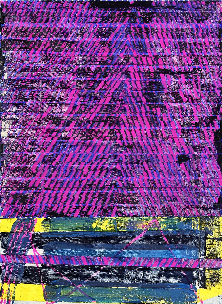 Collage using horizontal stips overpainted with hot pink, yellow, green and blue pattern