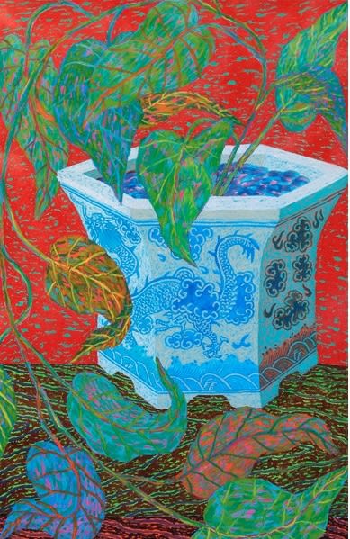 Blue vessel with plant growing from it, on a red background