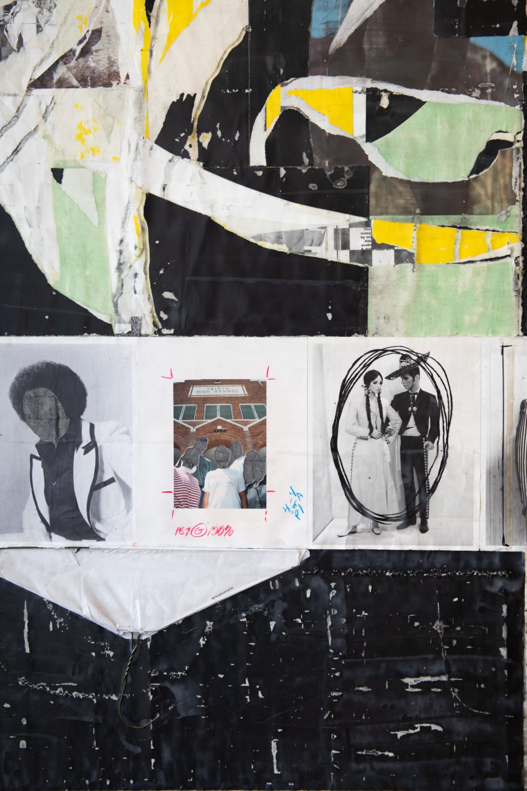 Detail of collage of images and clothing items in a gridlike fashion