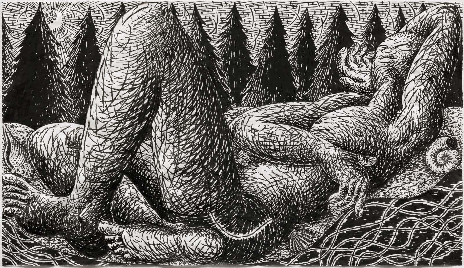 Black and white ink on paper drawing of a reclining shirtless figure with pine trees and a crescent moon in the background
