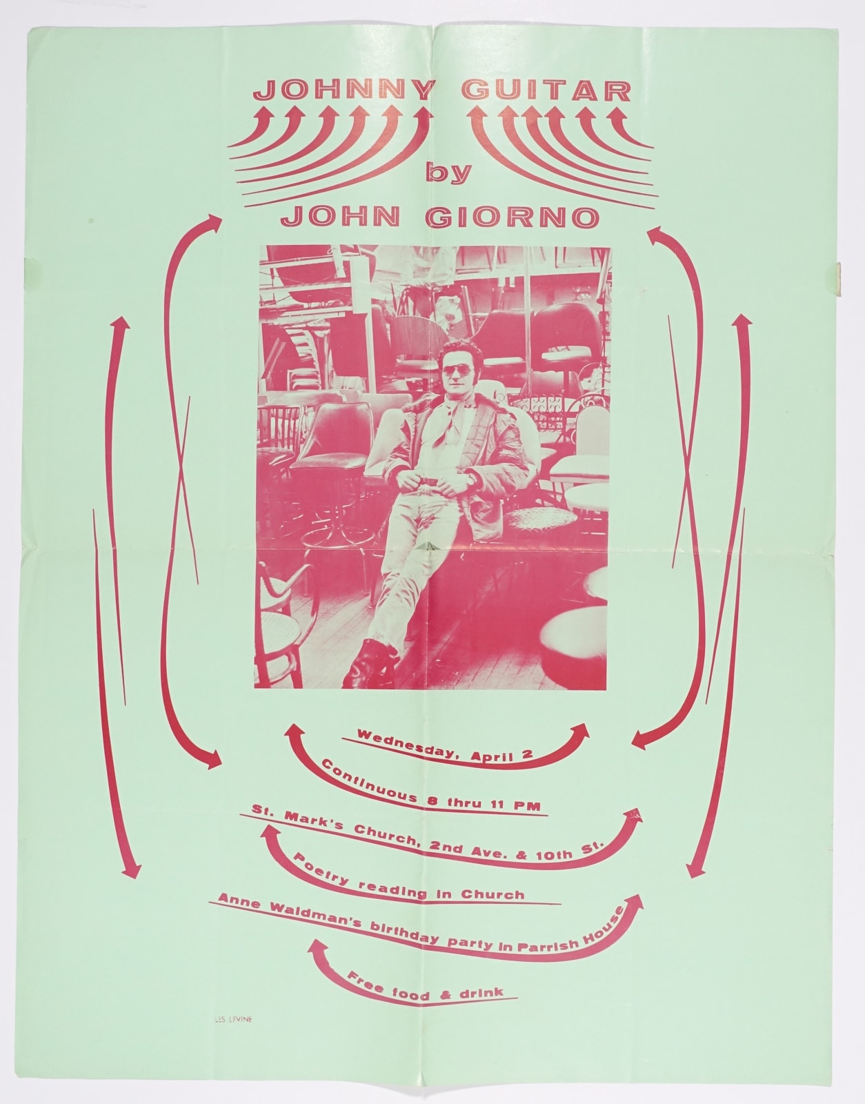 Red print on green paper with information on Johnny Guitar by John Giorno at St Marks on April 2nd, 1969