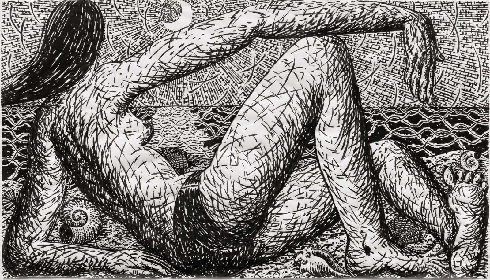 Small black and white drawing depicting a reclining shirtless female figure looking at the water and a crescent moon