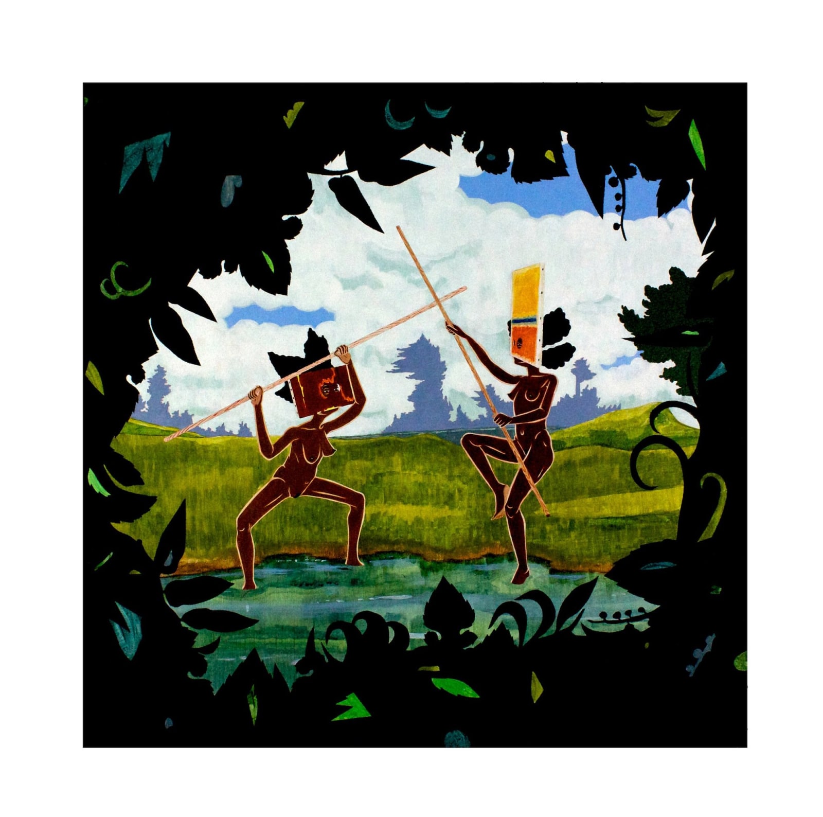 Two women spar with long staffs while wearing modernist masks