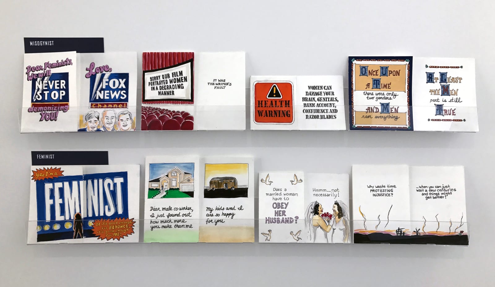 Colored drawings resembling Greeting Cards with pithy political messages