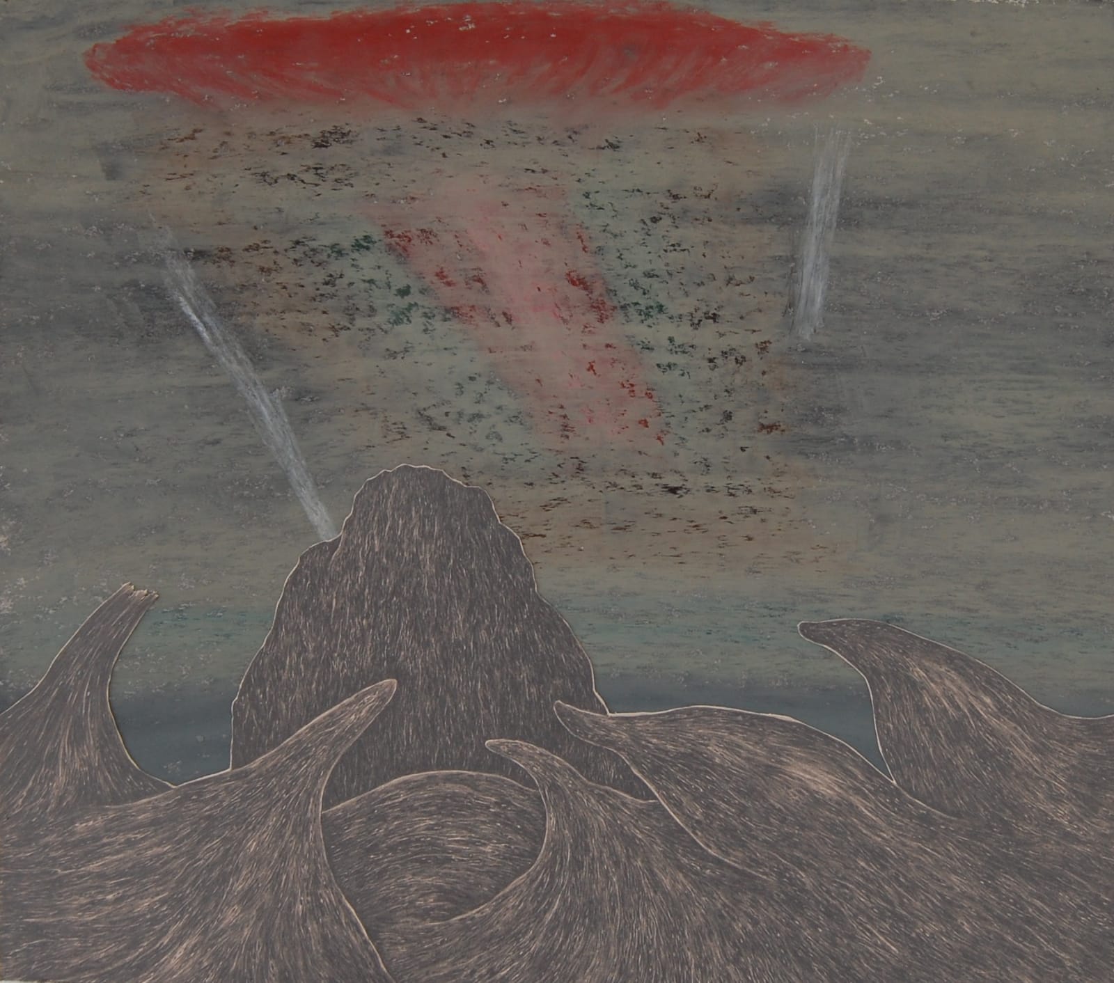 Grey waves at the bottoms of the work, a skyscape with a blurry red object