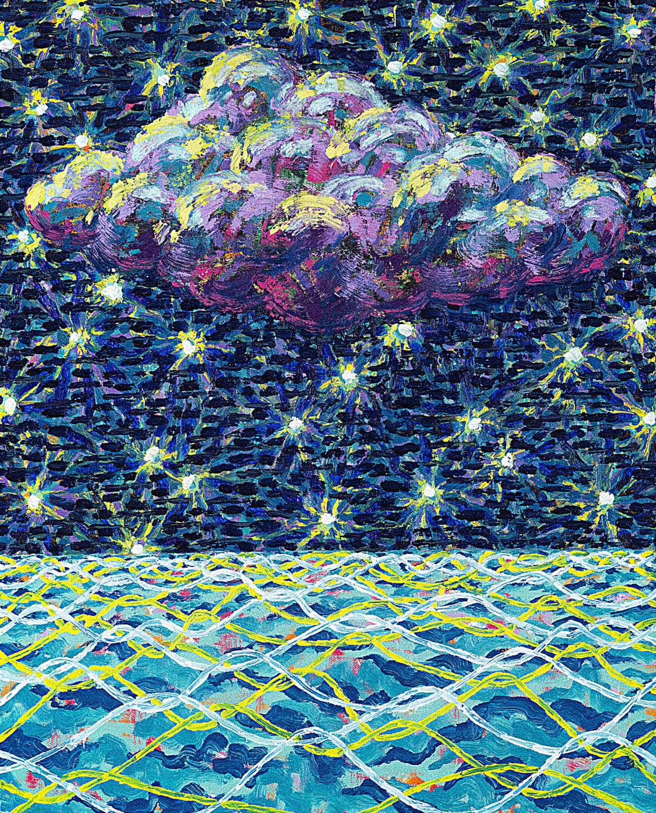 A starry sky with clouds over an ocean