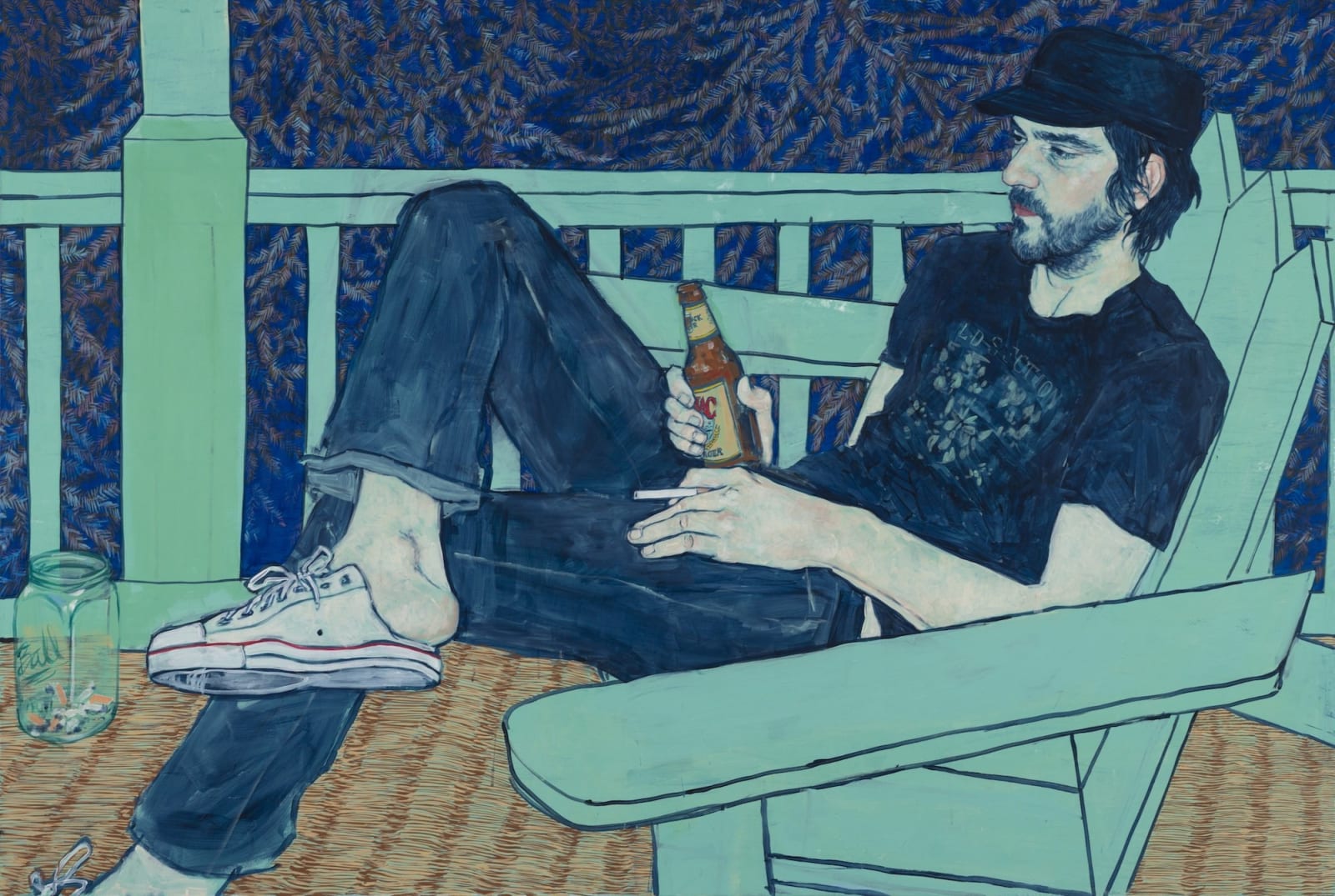 Portrait of a man reclining in an adirondak chair with a beer