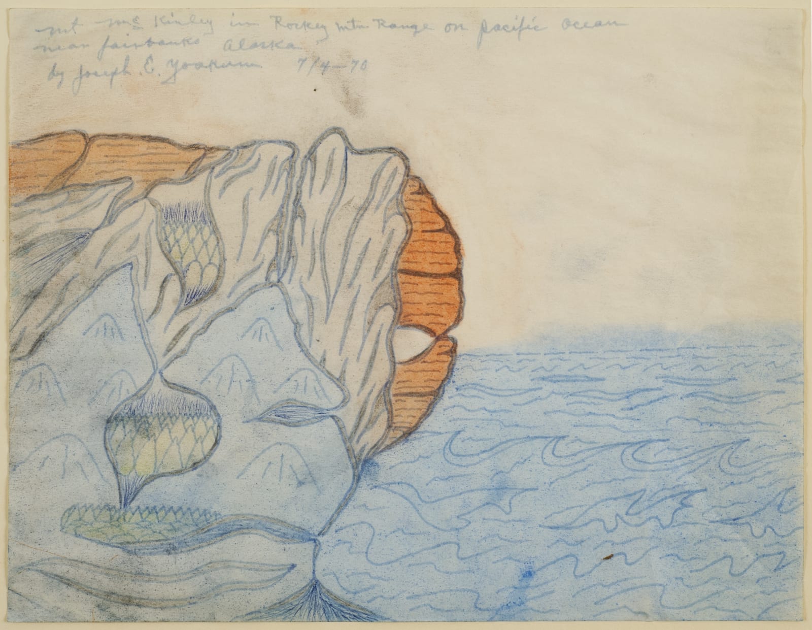 Colored pencil drawing of cliff overlooking blue ocean, cliff reads as a walrus head
