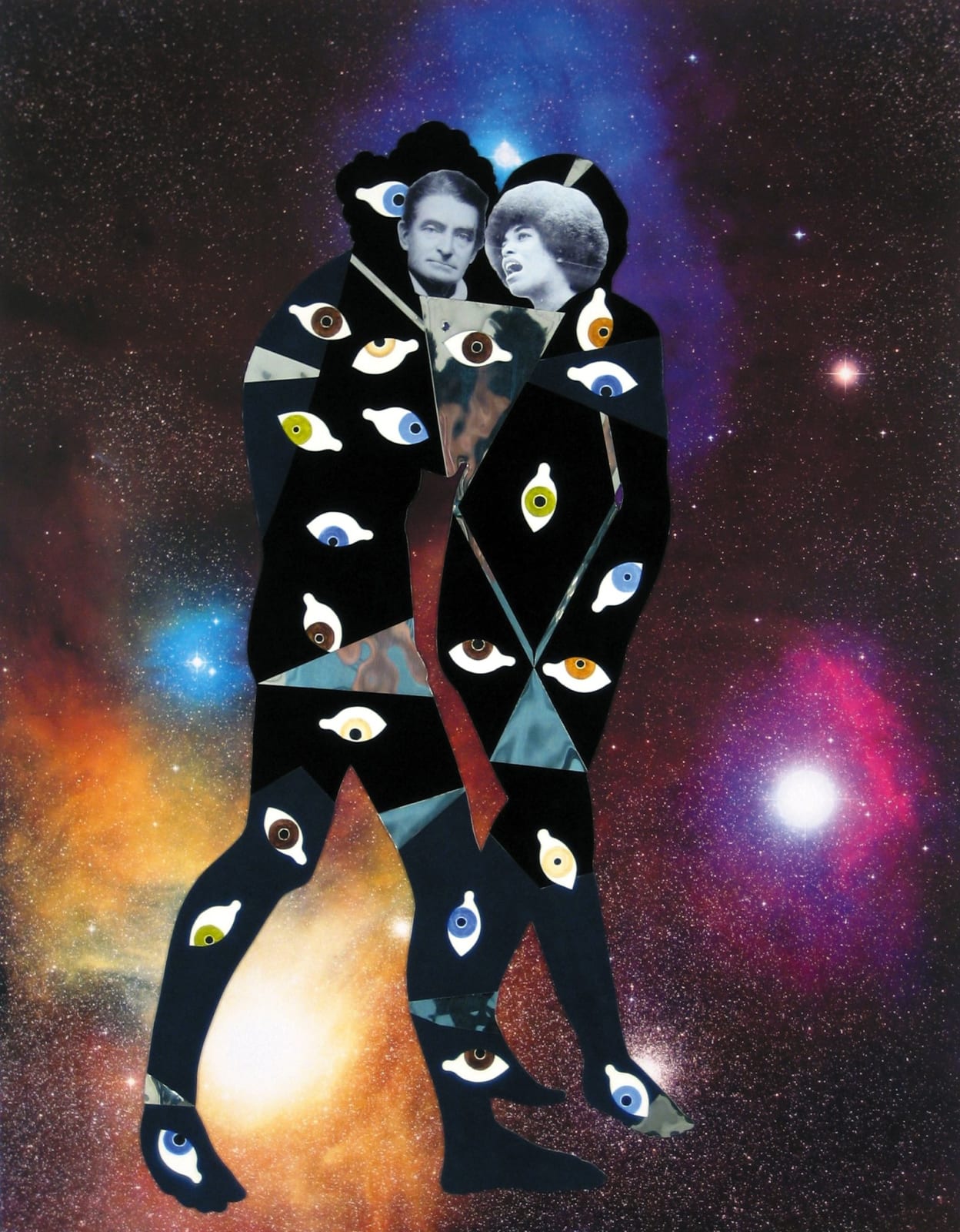 Two figures covered in eyes in front of a starry background