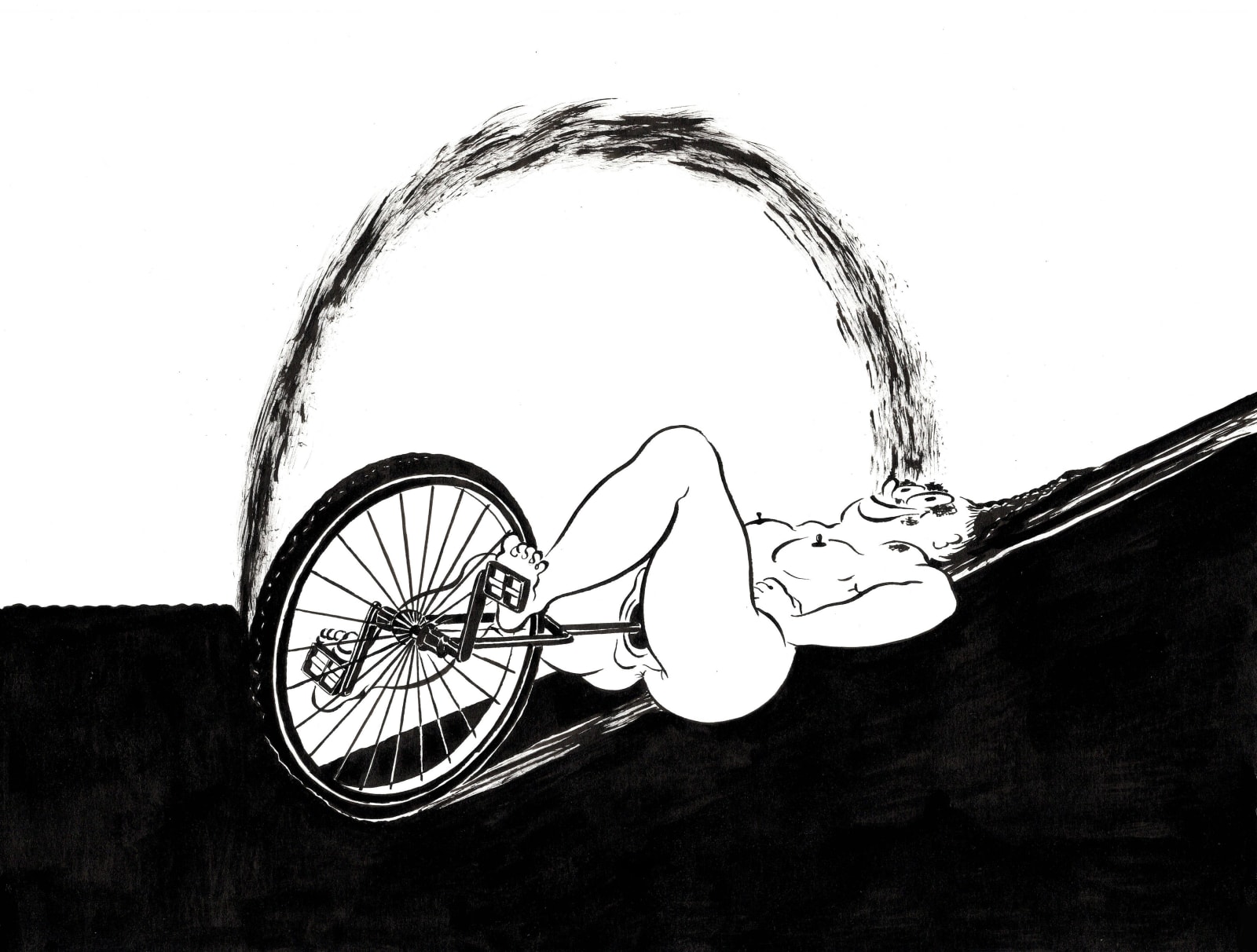 An ink drawing of a nude woman careening down a muddy hill on a unicycle